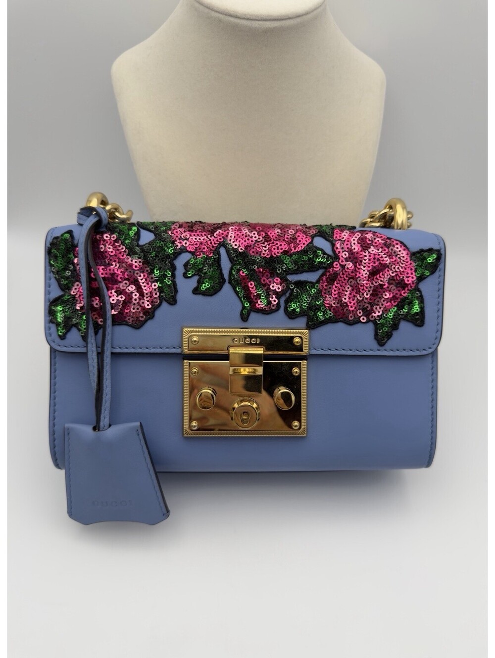 Authentic Gucci Padlock Blue Leather Floral Sequin Small Shoulder Bag COA Rare